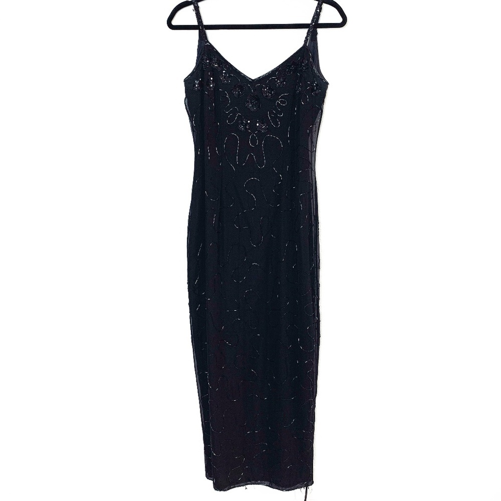 Vintage Rampage Silk Black Maxi Dress Size 7 Sequins Beads 90's Whimsy Goth Prom